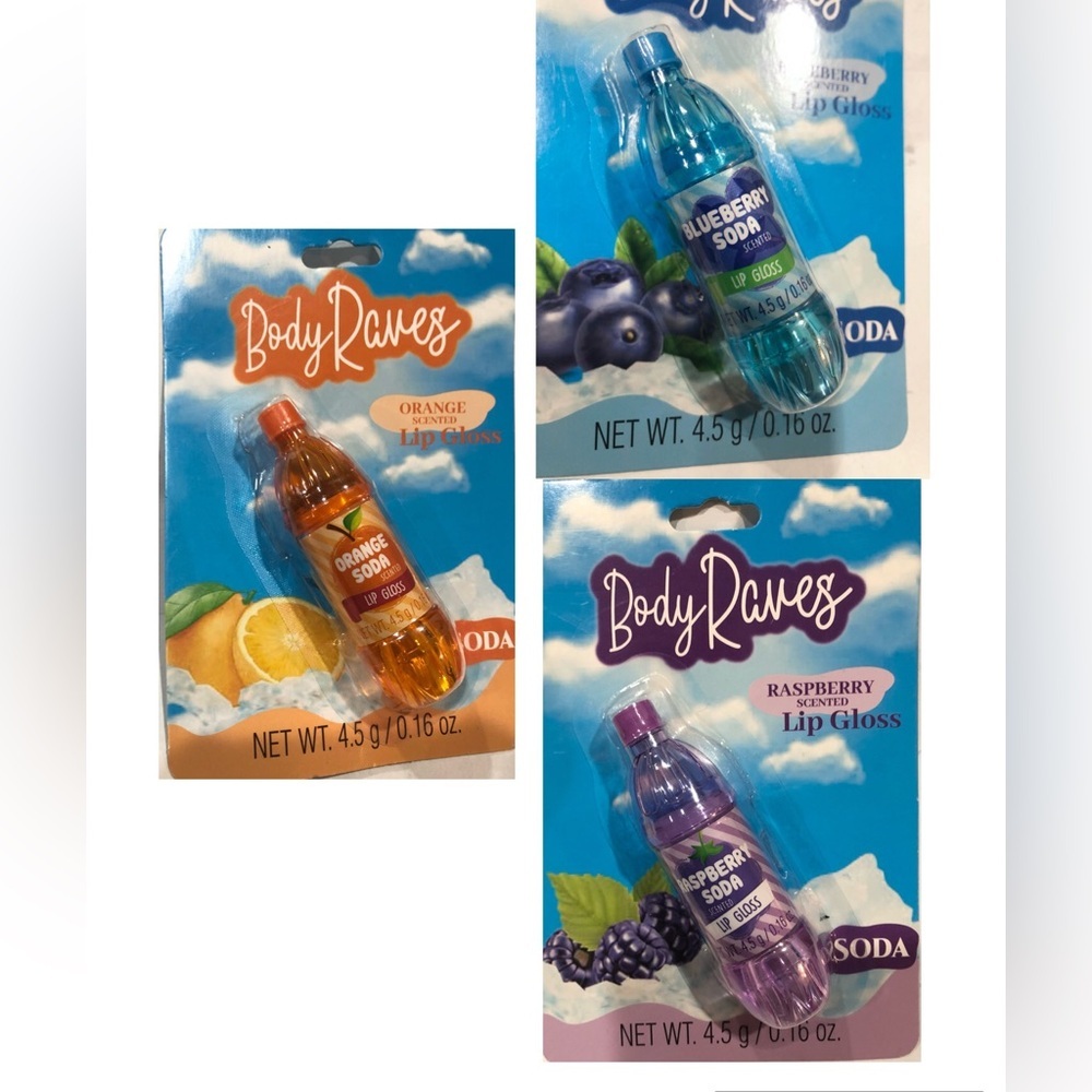 3pack nostalgic retro Soda pop orange raspberry blueberry scented lip gloss new‎
